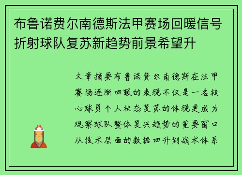 布鲁诺费尔南德斯法甲赛场回暖信号折射球队复苏新趋势前景希望升
