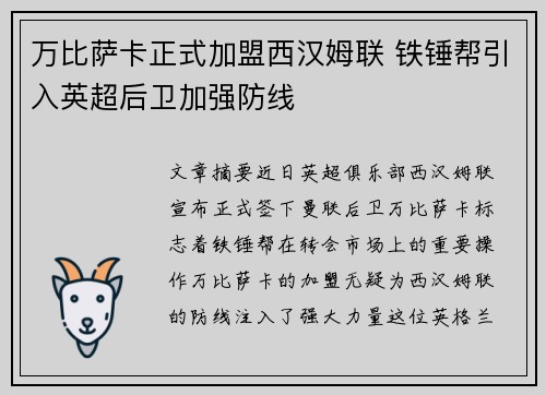 万比萨卡正式加盟西汉姆联 铁锤帮引入英超后卫加强防线 万比萨卡正式加盟西汉姆联 铁锤帮引入英超后卫加强防线